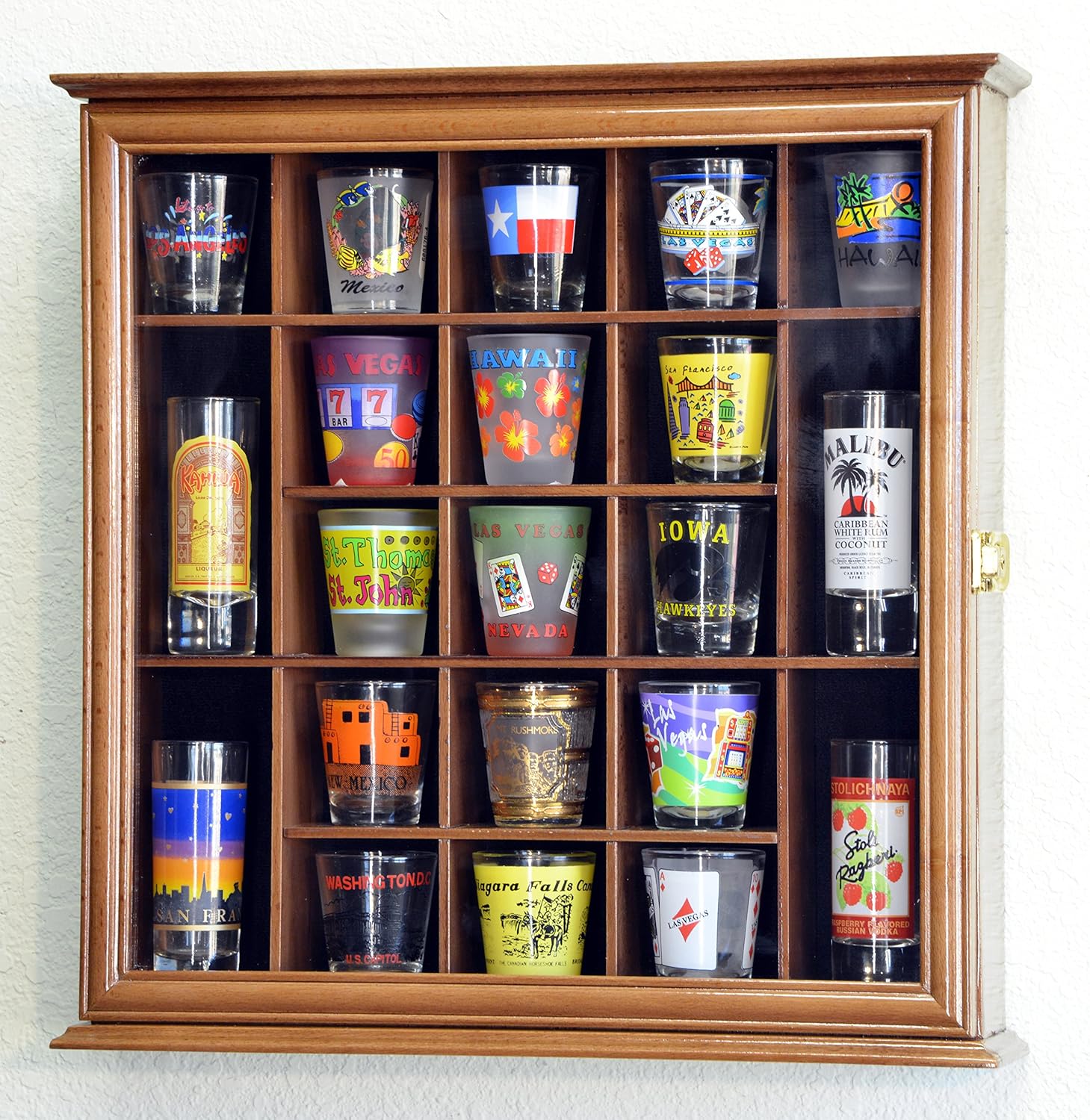 21 Shot Glass Shotglass Shooter Display Case Holder Cabinet Wall Rack 98% UV Lockable -Walnut Pack of 2
