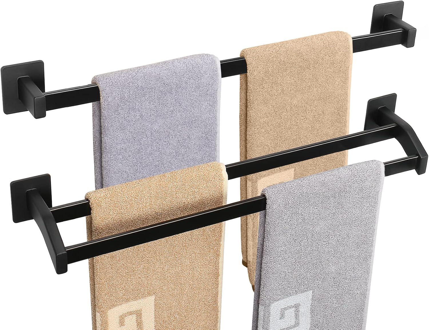 NearMoon 2 Pieces Bathroom Hardware Set, Premium Space Aluminum Single Towel Bar+ Double Towel Holder Rod, Glue Installation Towel Racks No Drill Bathroom Accessories (24 Inch, Matte Black)