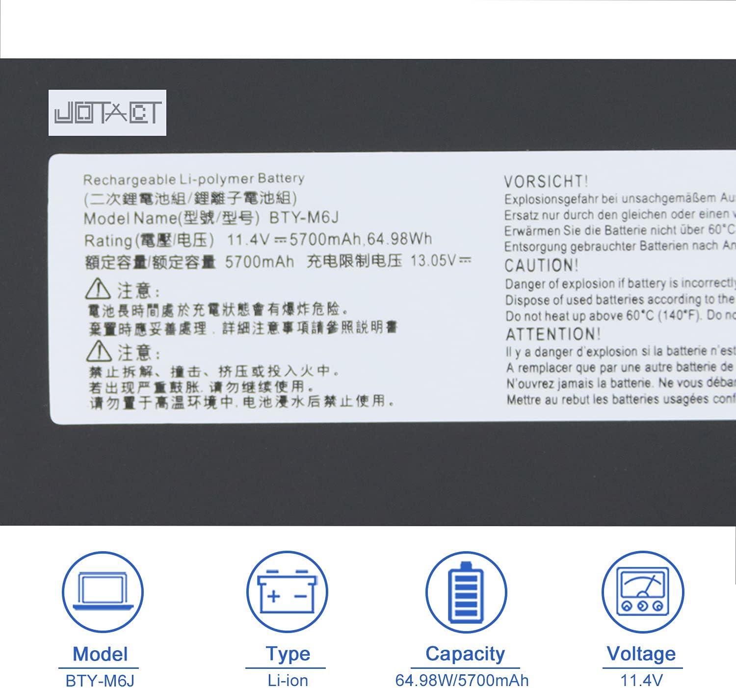 JOTACT BTY-M6J BTY-U6J Laptop Battery For MSI GS63 7RD 7RE 8RD 8RE 8RF GS63VR 6RF 7RF 7RE GS73 GS73VR 7RF 7RG 8RE WS63 7RF 7RK 8SK 8SJ 8SL WS63VR 7RL MS-16K4 MS-17B1 MS-16K5 MS-16K2 Pack of 2