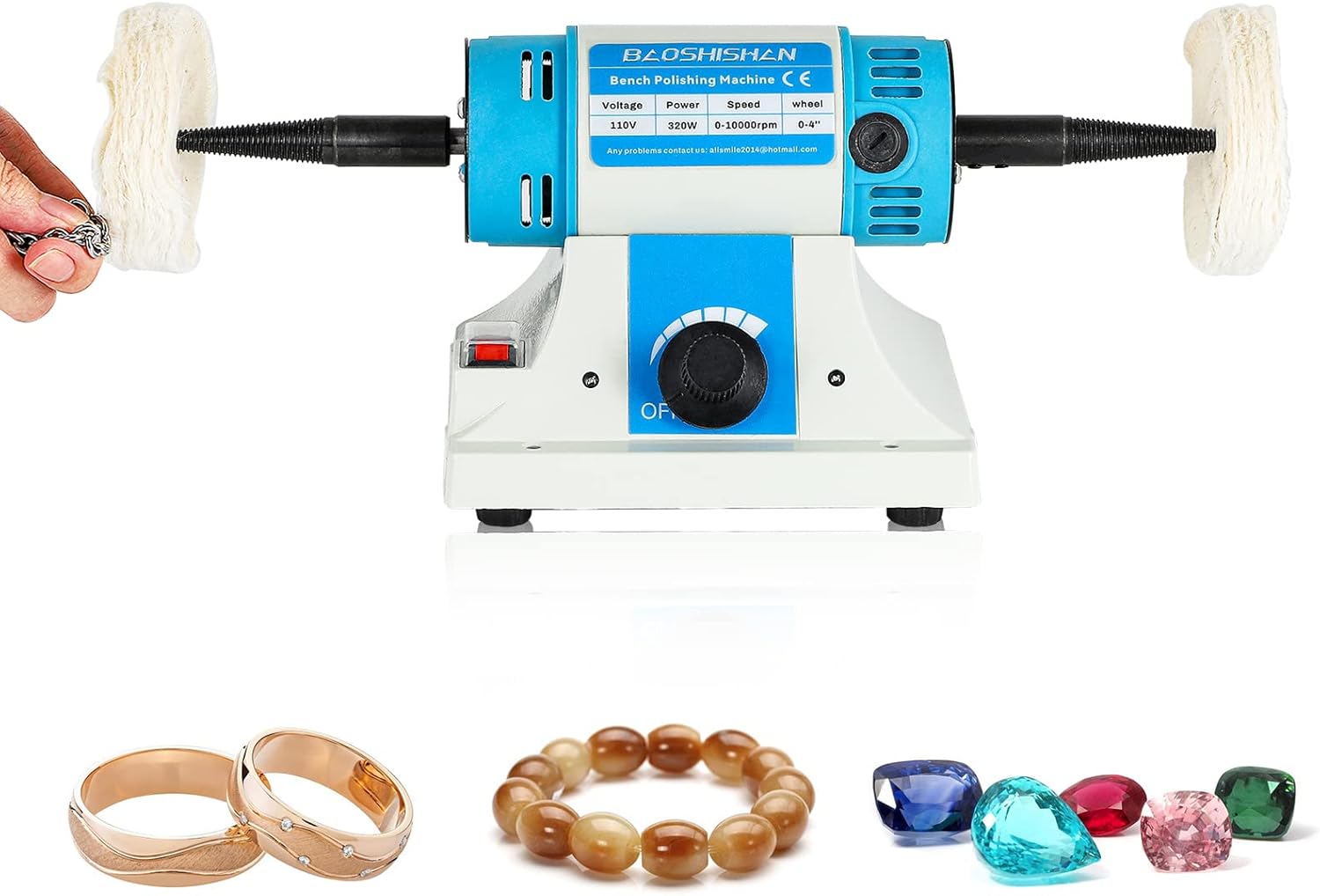 BAOSHISHAN Bench Buffer Polisher Variable Speed Electric Buffing Machine 4 inch 320W Heavy Duty Benchtop Polishing Machine 110V for Jewelry, Wood, Silver, Amber, Metal, Jade