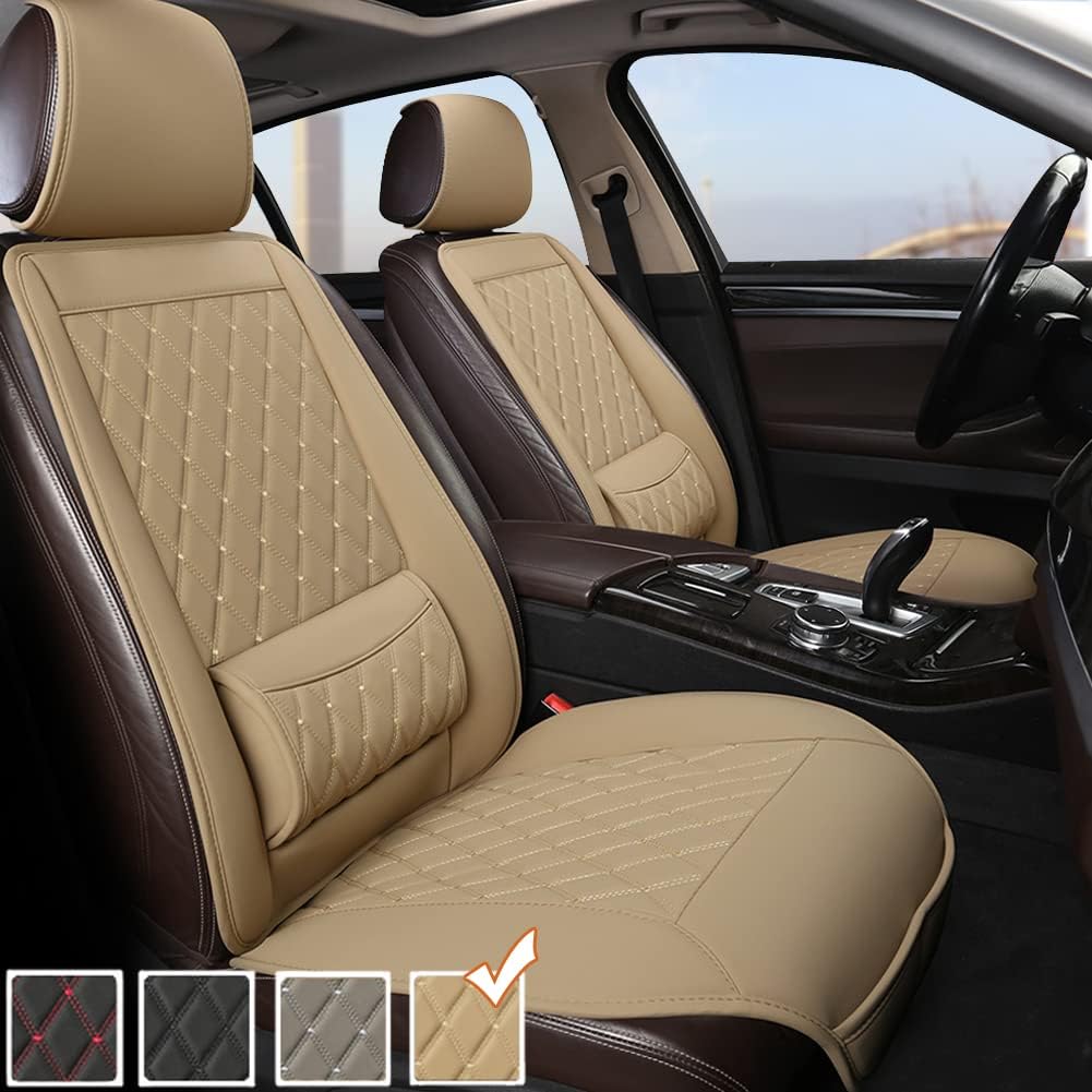 Black Panther 1 Pair Luxury PU Leather Front Car Seat Covers Protectors Pads with Lumbar Supports, Universal Fit 95% Vehicles - Beige