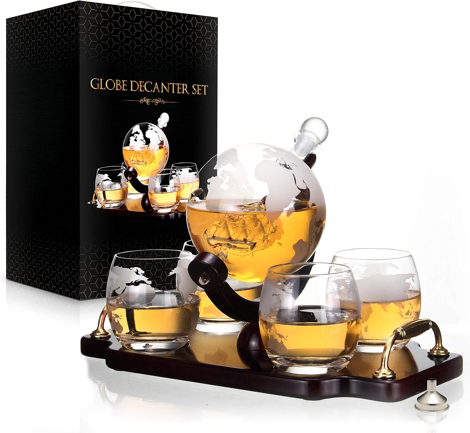 Whiskey Decanter Globe Decanter and Glass Set Antique Ship Decanter Masterpiece Great Gift for Men 28 oz 850 ml 4 Whiskey globe Glasses for Whisky Brandy Scotch Bourbon Pack of 2