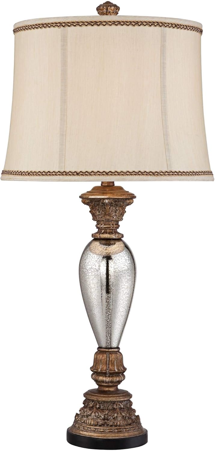 Alsace Traditional Tall Table Lamp Silver Mercury Glass Golden Bronze Base Beige Bell Shade Decor for Living Room Bedroom House Bedside Nightstand Home Office Entryway Family - Barnes and Ivy