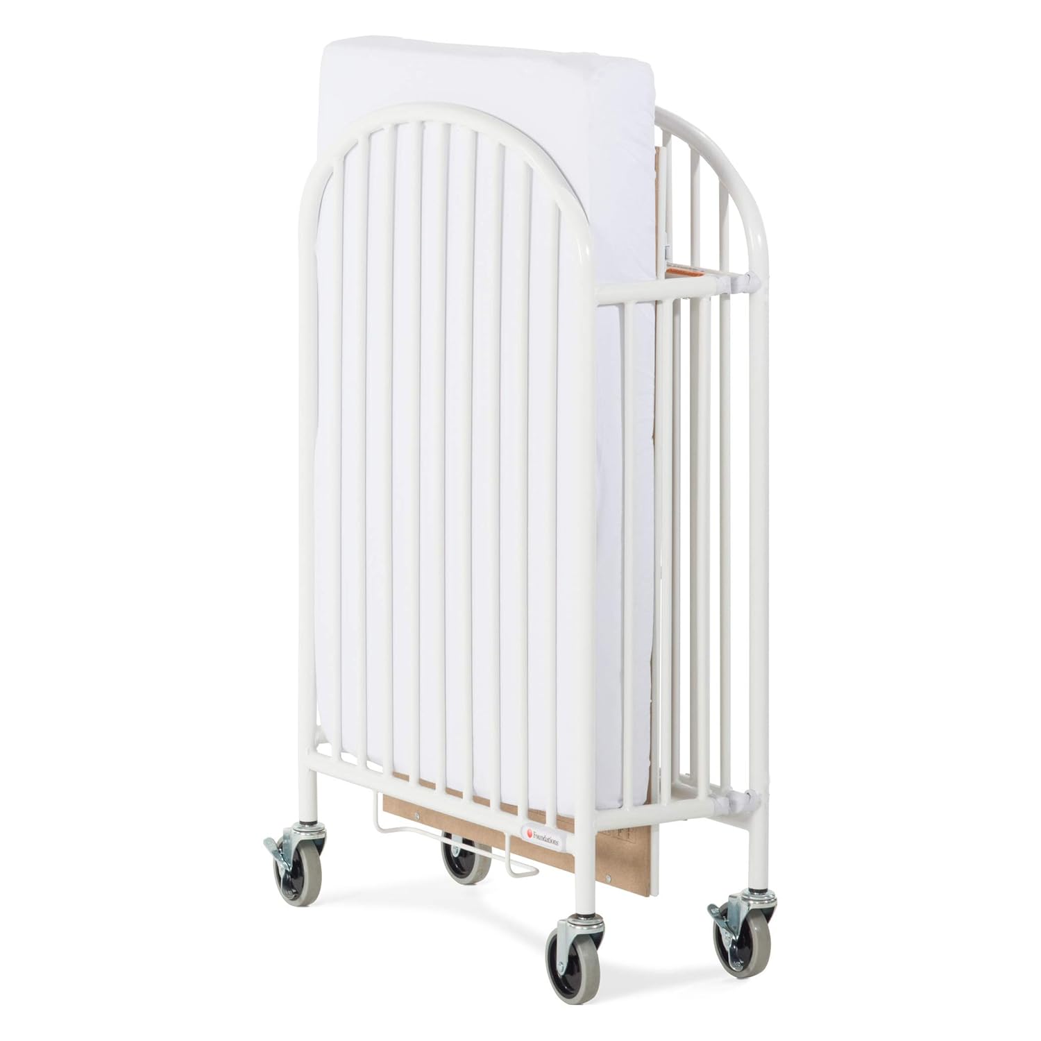 Foundations Pinnacle Compact Folding Metal Crib with Oversized Casters, Includes 4 Inch Foam Mattress, White