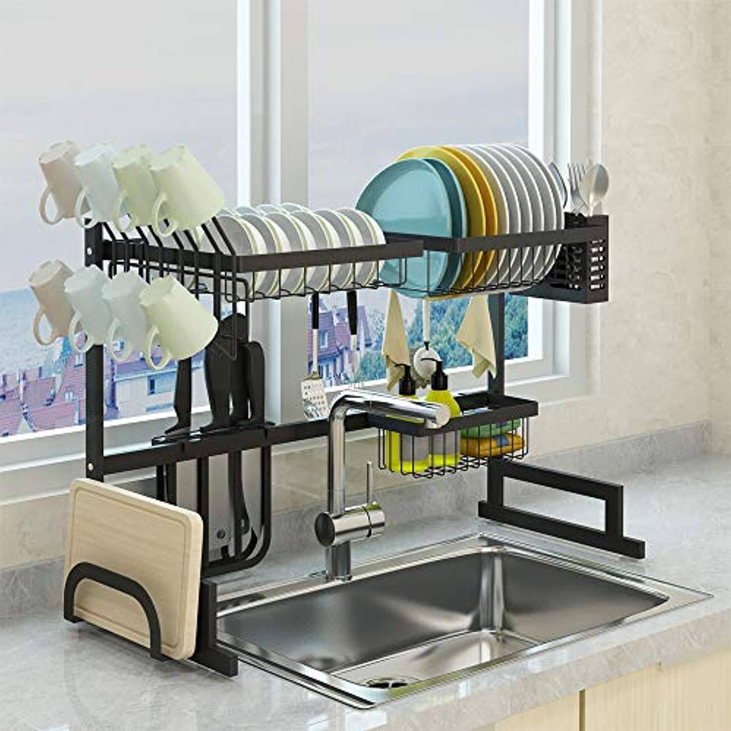 SKOLOO Over Sink Dish Drying Rack , Adjustable Stainless Steel Above Sink Dish Rack, Over Counter Dish Drying Rack, Kitchen Drai