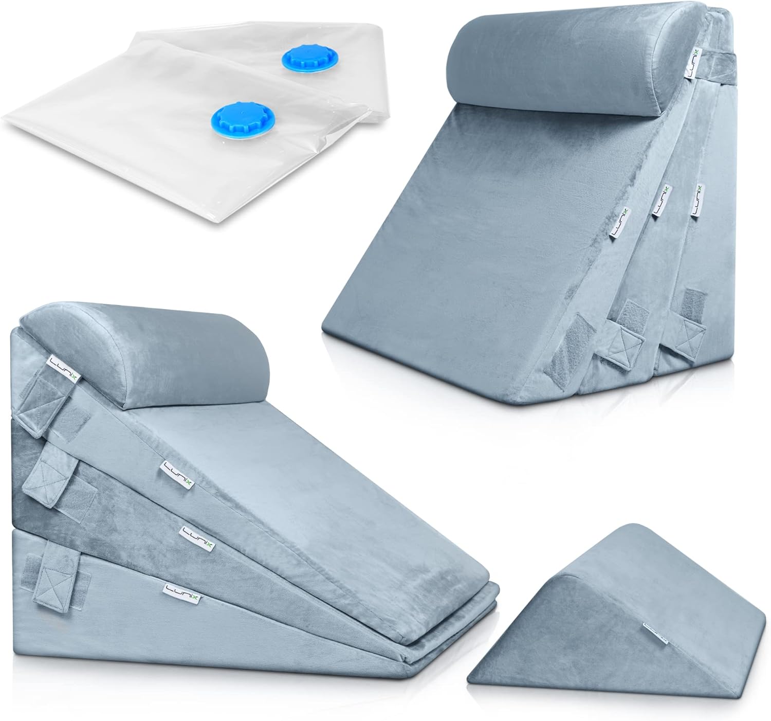 Lunix LX11 Adjustable 5pcs Orthopedic Bed Wedge Pillow Set, Post Surgery 100% Memory Foam for Back, Neck, Leg Pain Relief, Sitting Pillow for Acid Reflux and GERD,Comfortable Pillows for Sleeping Gray