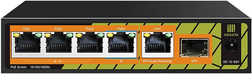 GENATA 4 Port PoE Switch w/Gigabit Ethernet and SFP Uplink, 802.3af/at/bt PoE+ 1000Mbps, 60W Max Power per Port, PoE Powered, Sturdy Metal case w/Shielded Ports, Fanless Pack of 2