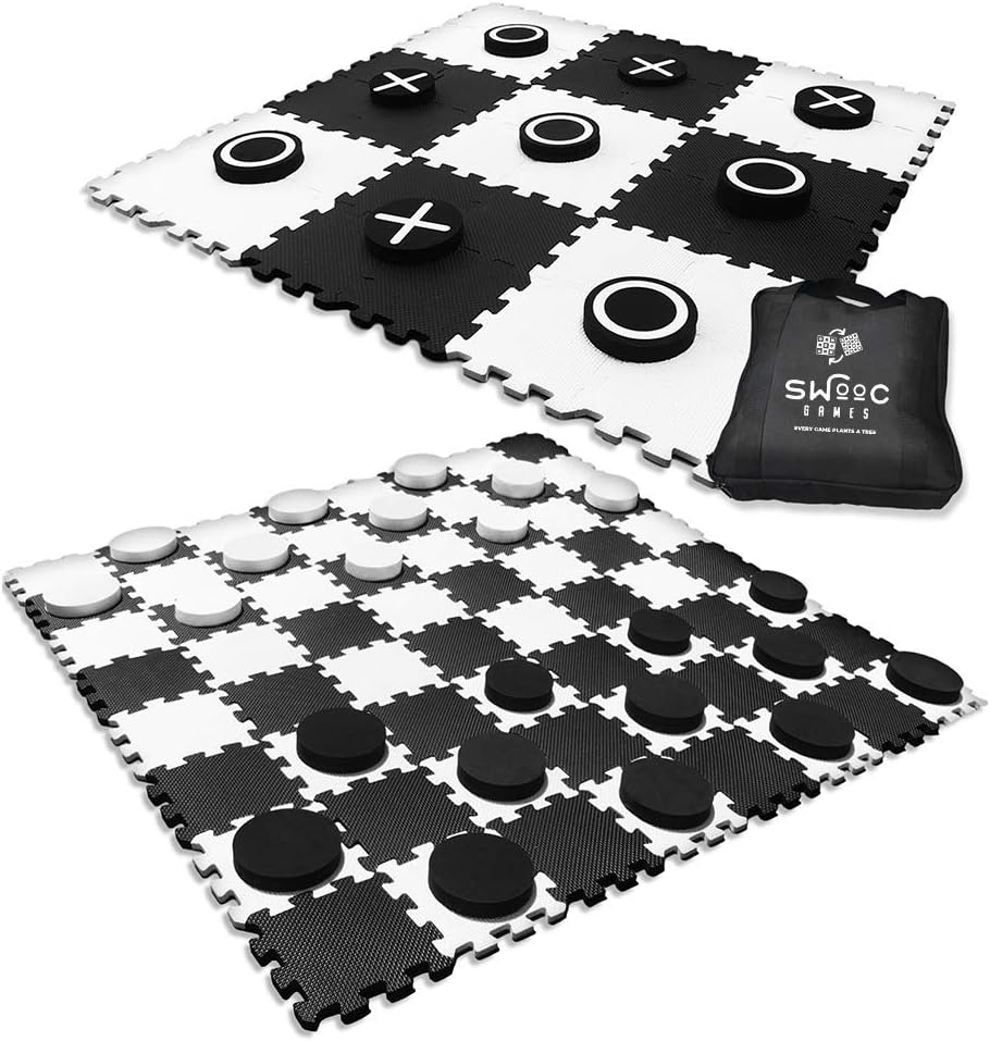 SWOOC Games - 2-in-1 Reversible Giant Checkers & Tic Tac Toe Game ( 4ft x 4ft ) - 100% High Density EVA Foam Mat & Pieces - Extra Large Checkers with Jumbo Checkerboard and Yard Size Tic Tac Toss Pack of 2