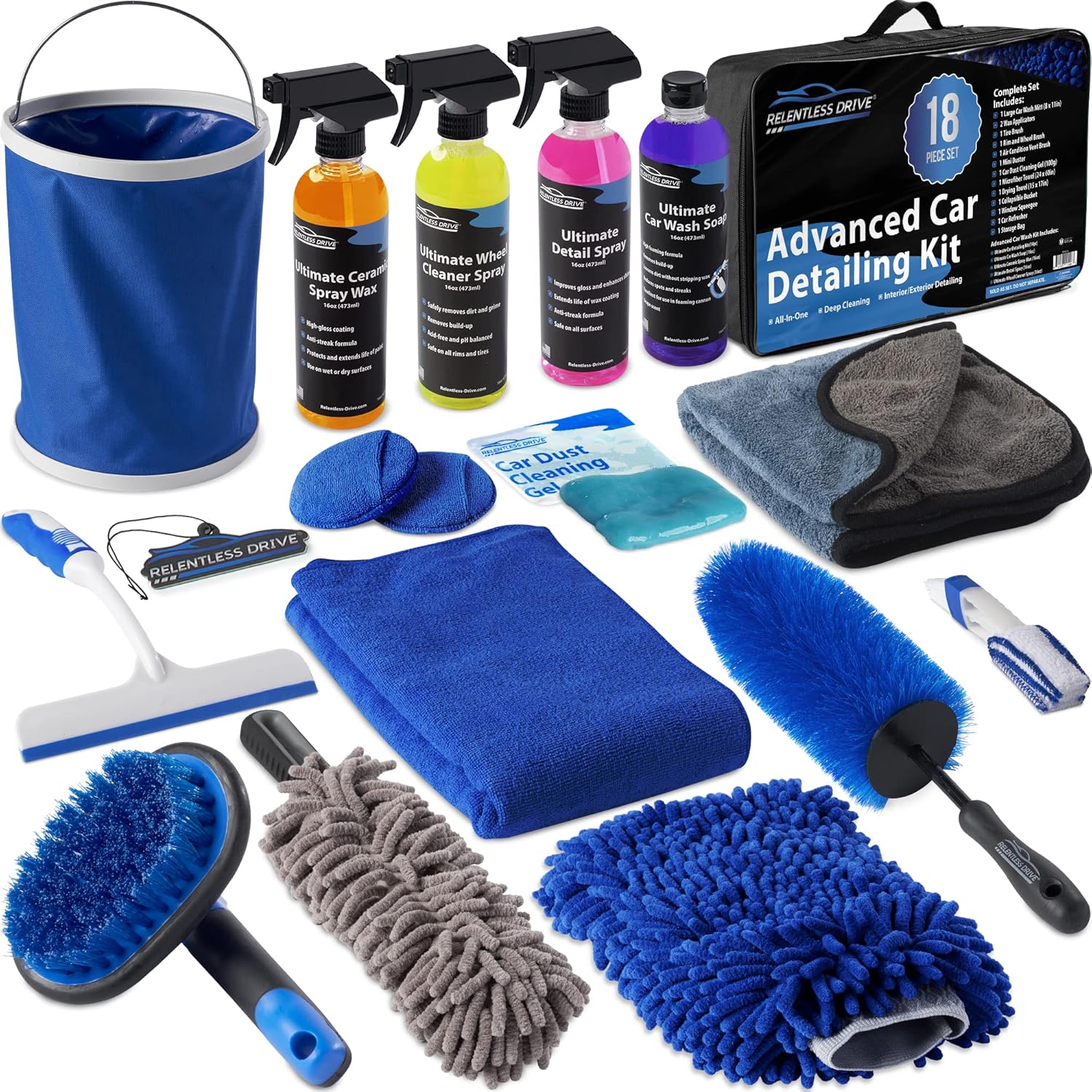 Relentless Drive Car Detailing Kit (18pc) - Car Cleaning Kit - Car Wash Kit - Complete Car Wash Kit with Bucket for Perfect Car Wash | Interior Car Cleaner and Wheel Cleaner Pack of 2