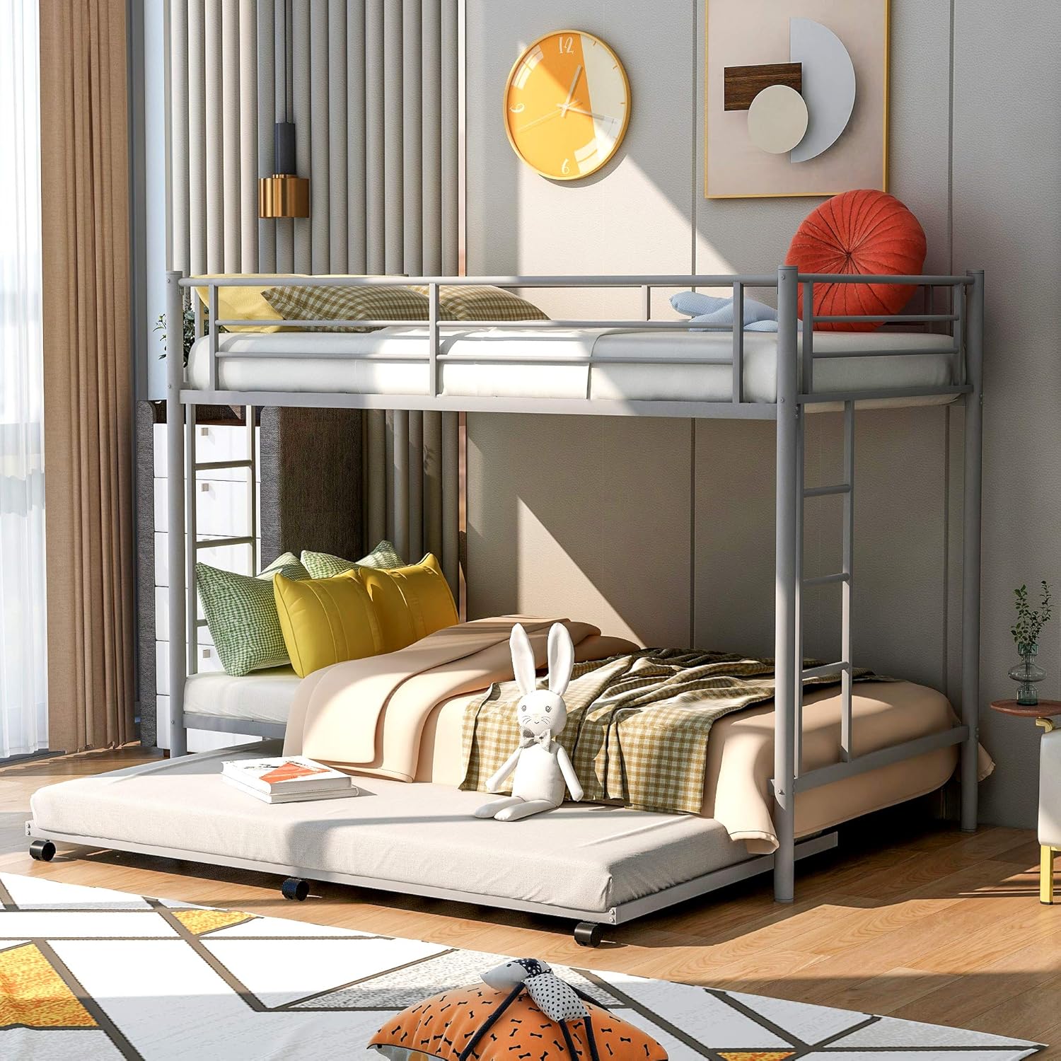 Twin Over Twin Bunk Bed, Rockjame Metal Bed Frame with Trundle, Guardrail and 2 Ladders, Can Be Divided Into 2 Twin Beds, No Box Spring Needed, Space-Saving Design (Black)