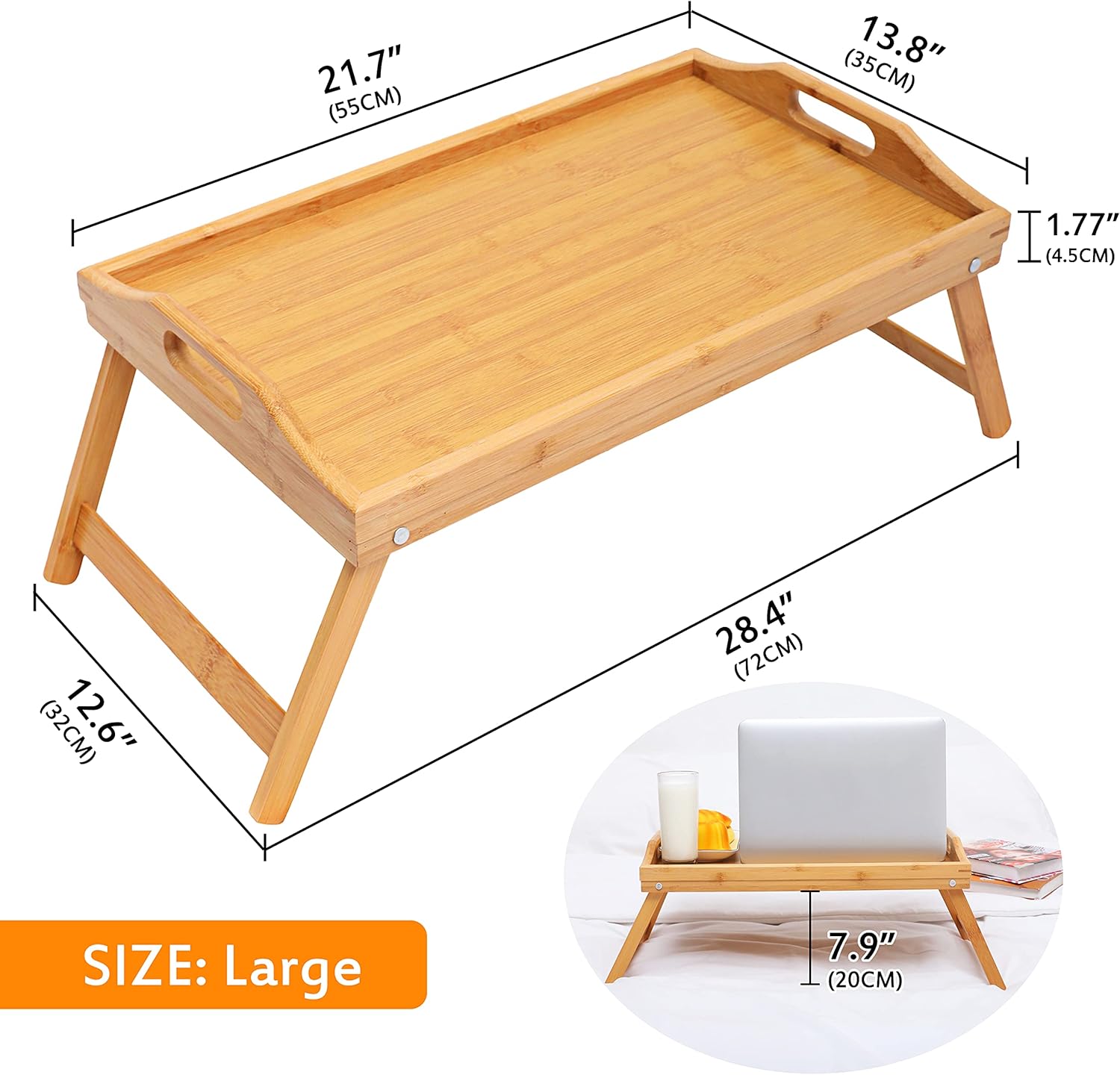 SANPON Bamboo Bed Tray for Eating Breakfast Trays for Bed Serving Trays with Handles Food in Bed Tray Large Pack of 2