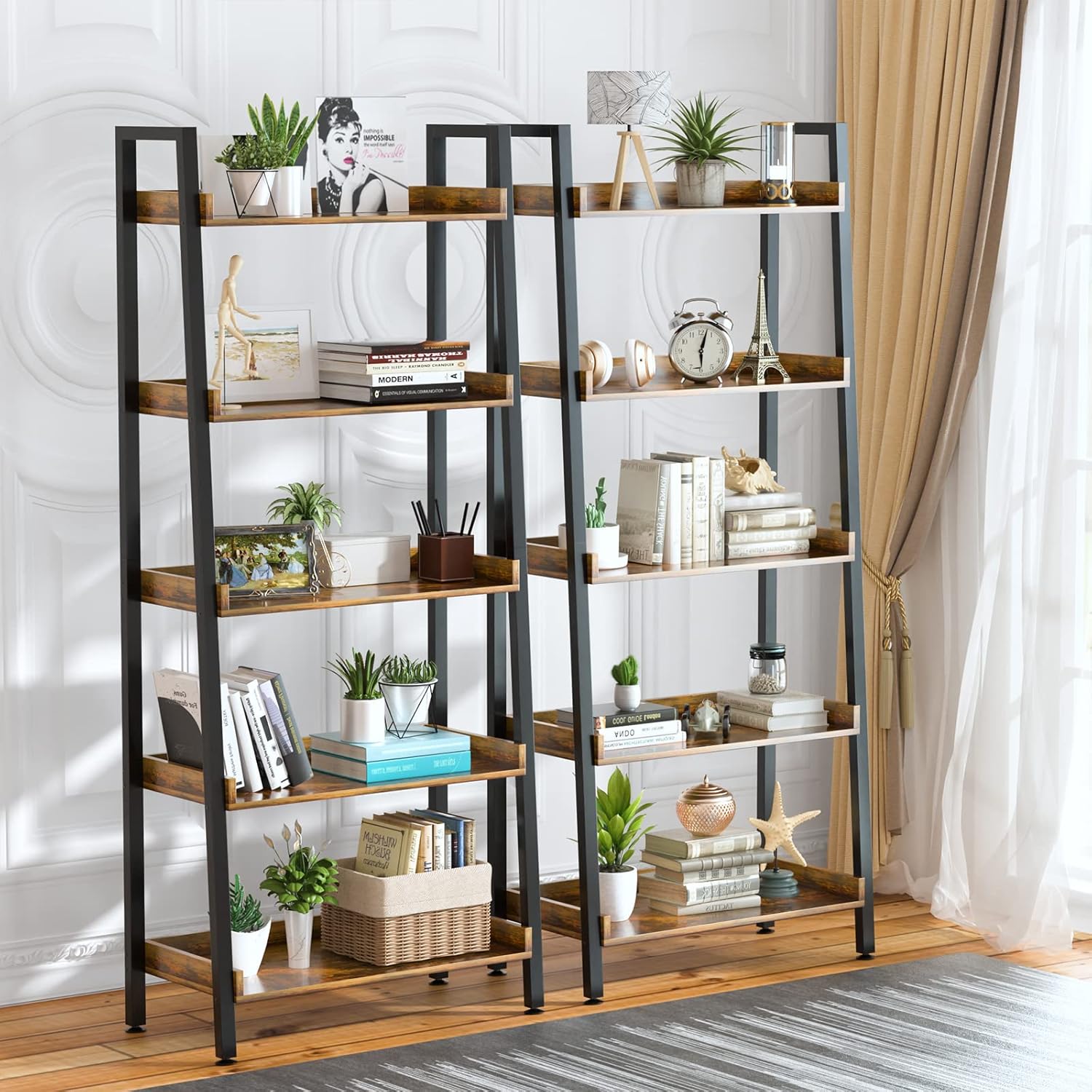 ASTARTH Adjustable Tall Bookcase, Storage Ladder Bookshelf, Rustic Wood and Metal Standing Bookshelf, Industrial Vintage Book Shelf Unit, Open Back Rack, Modern Office Bookcases