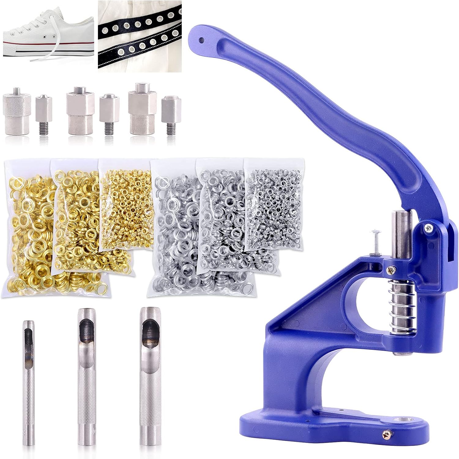 Keadic Heavy Duty Hand Press Eyelet Grommet Machine Punch Tool Kit with 3 Pcs Dies #0#2#4 and 3000 Sets Gold & Silver Grommets, Eyelet Puncher Set for Banners, Signs, Clothing, Curtains