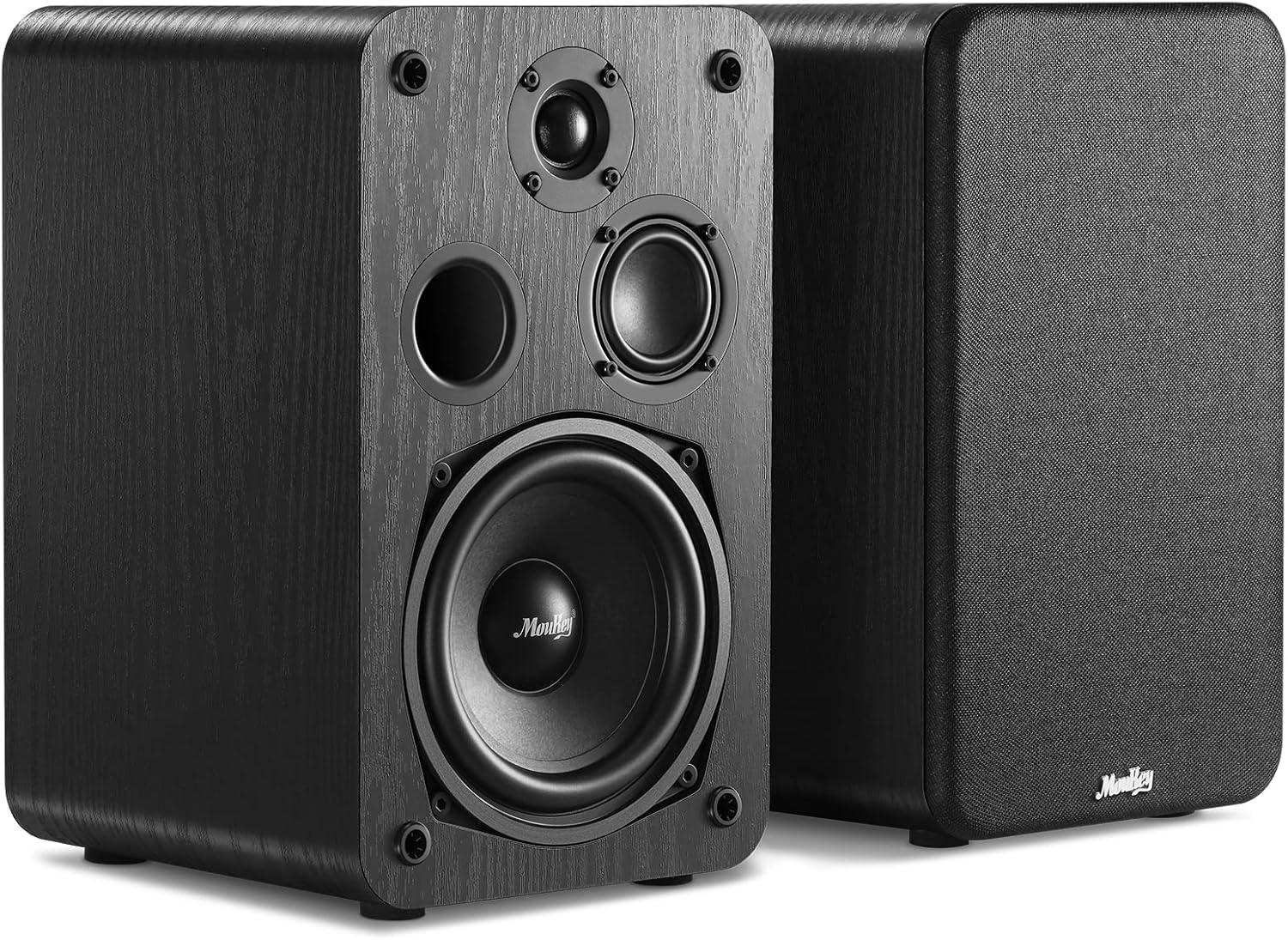 Moukey Passive Bookshelf Speakers (Pair), Peak power 110 Watt 3-way Home Theater Bookshelf Speakers - 2.0 Near Field Studio Premium Sound at a Great Value - Wooden Enclosure Wall-Mountable,Black,M20-3