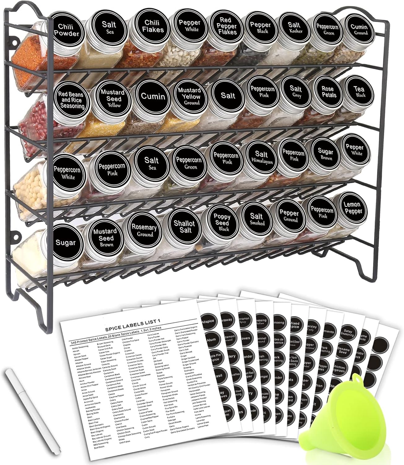 SWOMMOLY Spice Rack Organizer with 36 Empty Square Spice Jars, 396 Spice Labels with Chalk Marker and Funnel Complete Set, for Countertop, Cabinet or Wall Mount