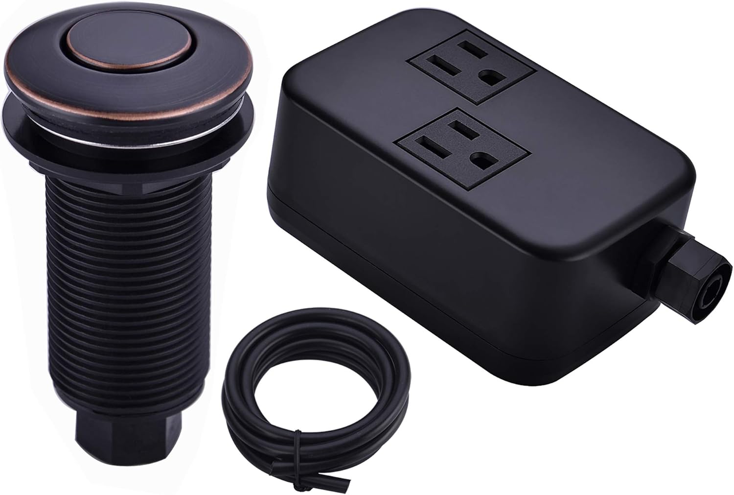 BESTILL Sink Top Garbage Disposal Air Switch Kit with Dual Outlet, Matte Black (Long Button with Brass Cover)