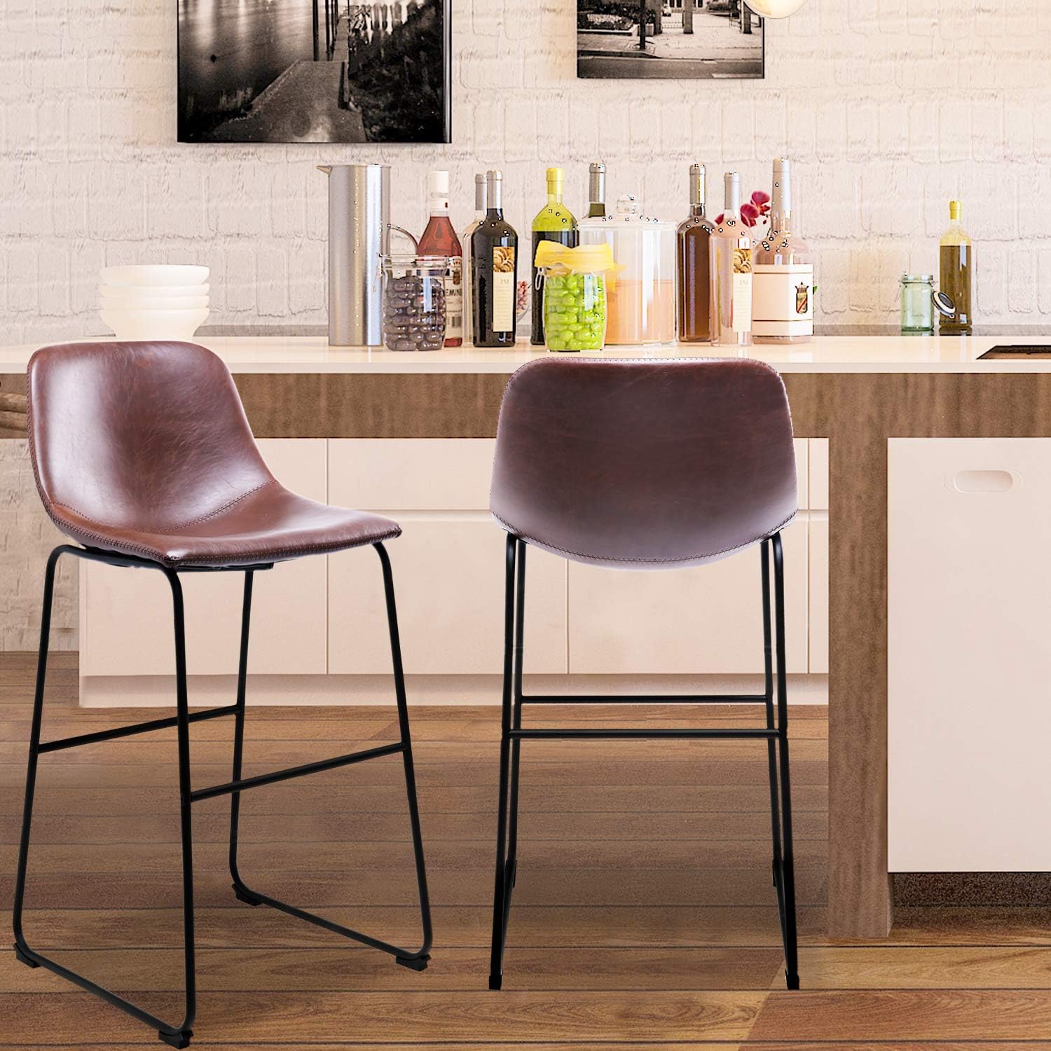 5Rcom Centiar PU Leather Bar Stools Set of 2 Barstools with Back and Footrest Rustic Bar Height Faux Leather Stool Chairs for Kitchen Home Office Pub,Brown