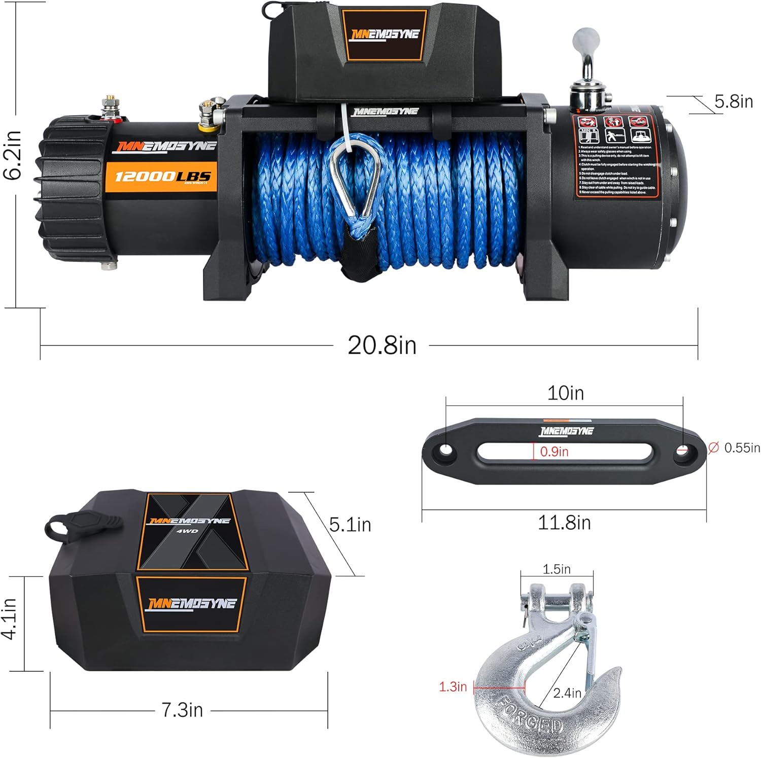 MNEMOSYNE Traction Products - Synthetic Rope Winch - 12000 LB load capacity - Remote winch