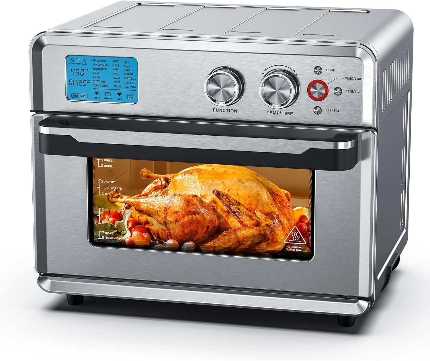 Toaster Oven Air Fryer Combo with 21 Presets, 26.3 QT Countertop Convection Oven with Airfryer Accessories, Recipe, for Bake, Fry Meals, Desserts, Oil-less, 1800W, Stainless Steel