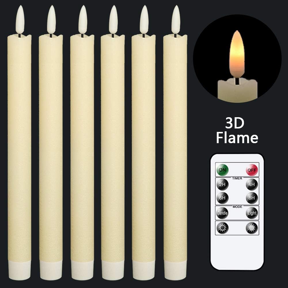 GenSwin Flameless Flickering Taper Candles with 2 Remote Controls and Timer, Real Wax 3D Wick Light Window Candles Battery Operated Pack of 8, Christmas Home Wedding Decor(White, 0.78 X 9.64 Inch)