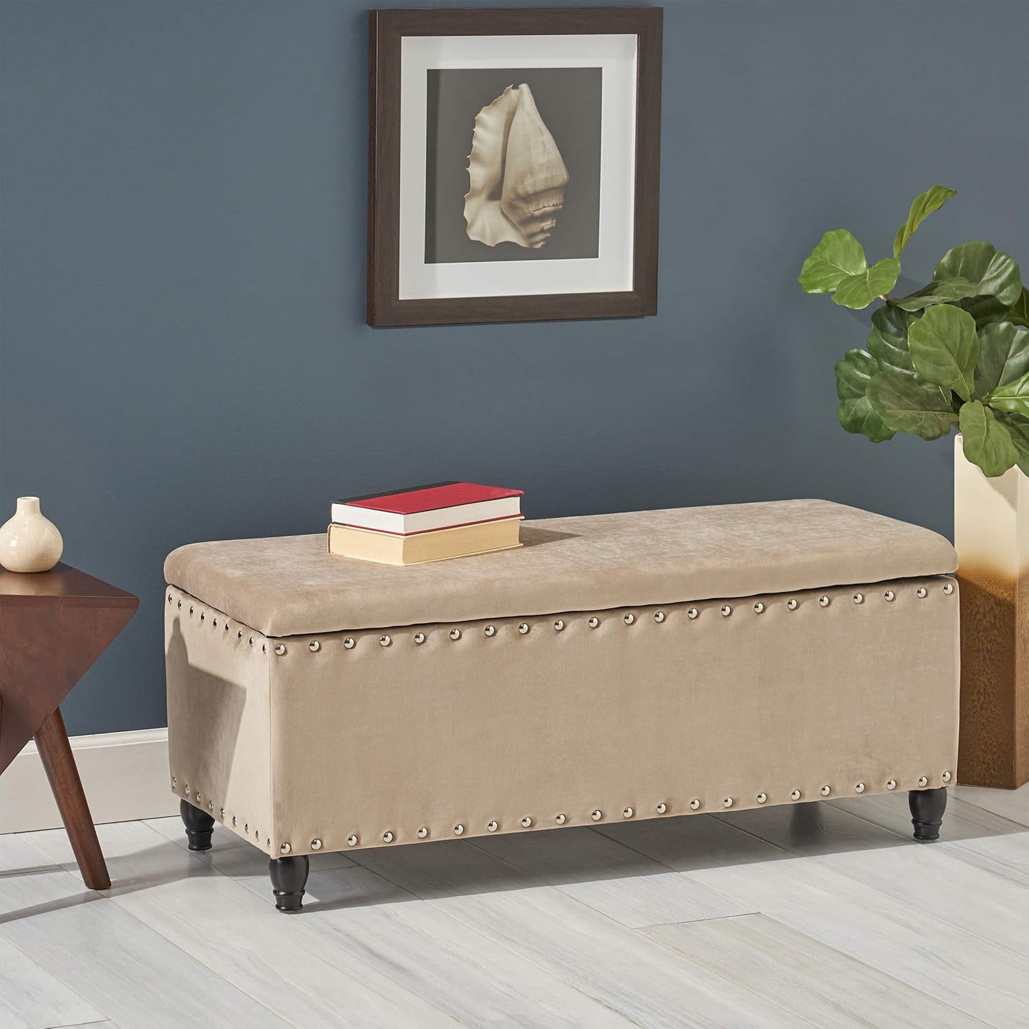 Christopher Knight Home Bancroft Lift-Top Storage Ottoman with Birch Wood and Studded Fabric, Flat Black and Beige, Dark Brown