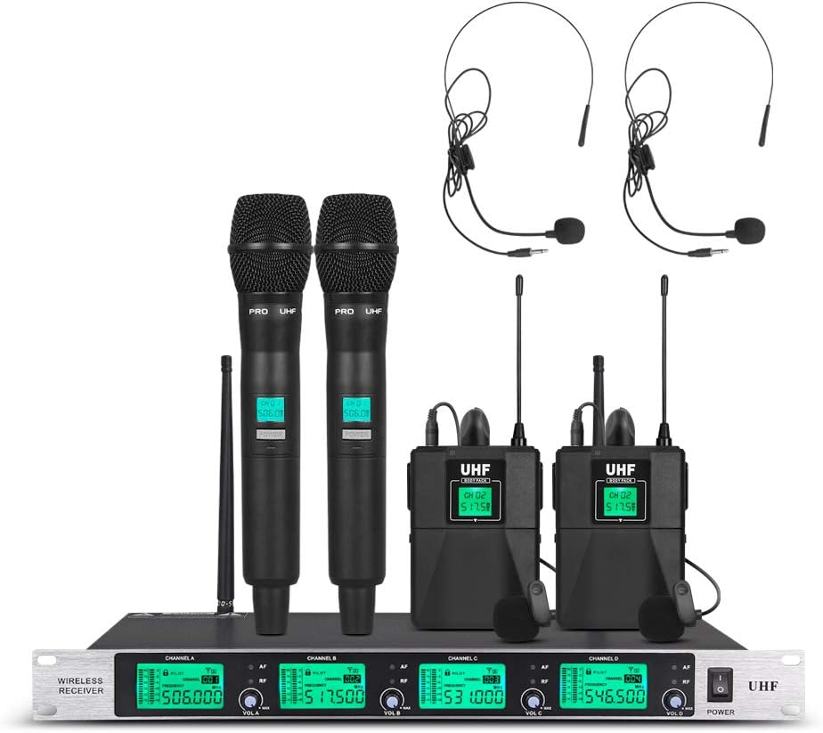 Wireless Microphone System Pro UHF 4 Channel 2 Handheld Mic 2 Headset 2 Lapel Mic 2 Bodypack New FCC Frequency for Party Wedding Church Conference Speech