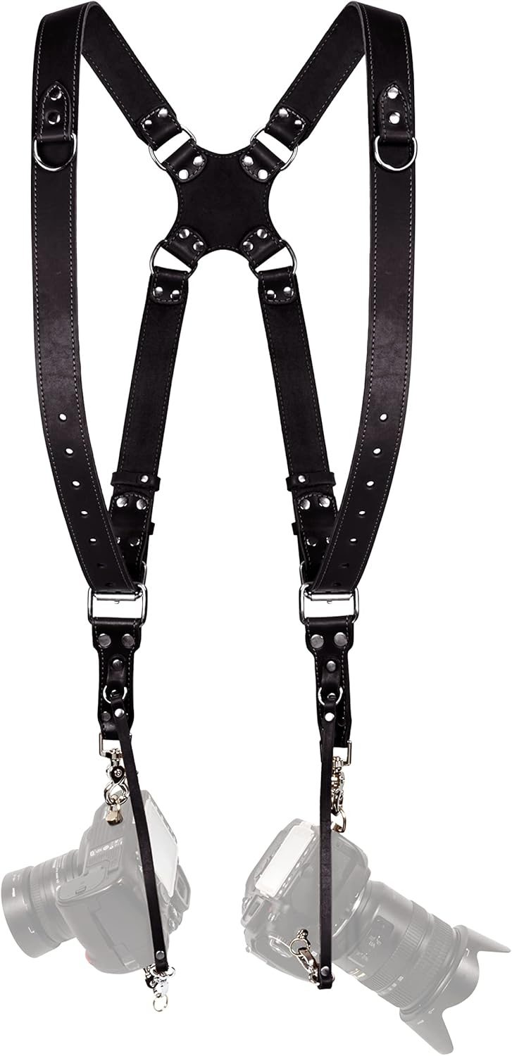 Camera Strap Accessories for Two-Cameras – Dual Shoulder Leather Harness – Multi Camera Gear for DSLR/SLR strap by C Coiro