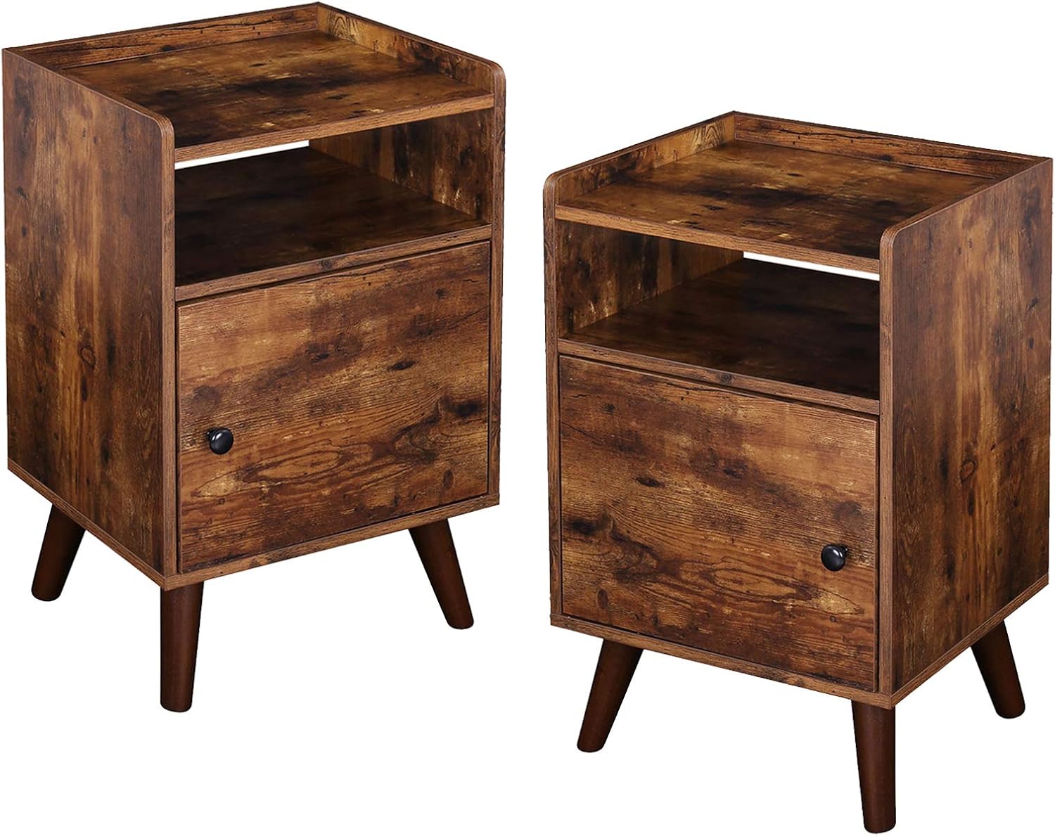 HOOBRO Nightstand Set of 2, 3-Tier End Table with Switchable Door, Side Table for Small Spaces, Stable Wooden Legs, Wood Look Accent Table, Easy Assembly, Rustic Brown BF51BZP201