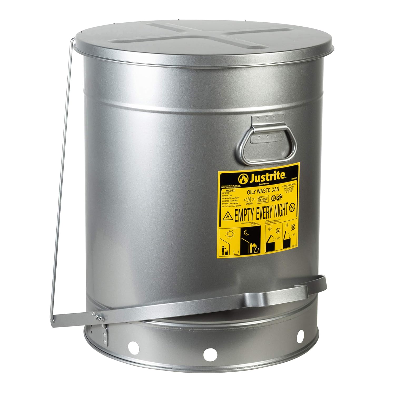 Justrite SoundGuard 09708 Steel Oily Waste Can with Foot Operated Cover, 21 Gallon Capacity, Red