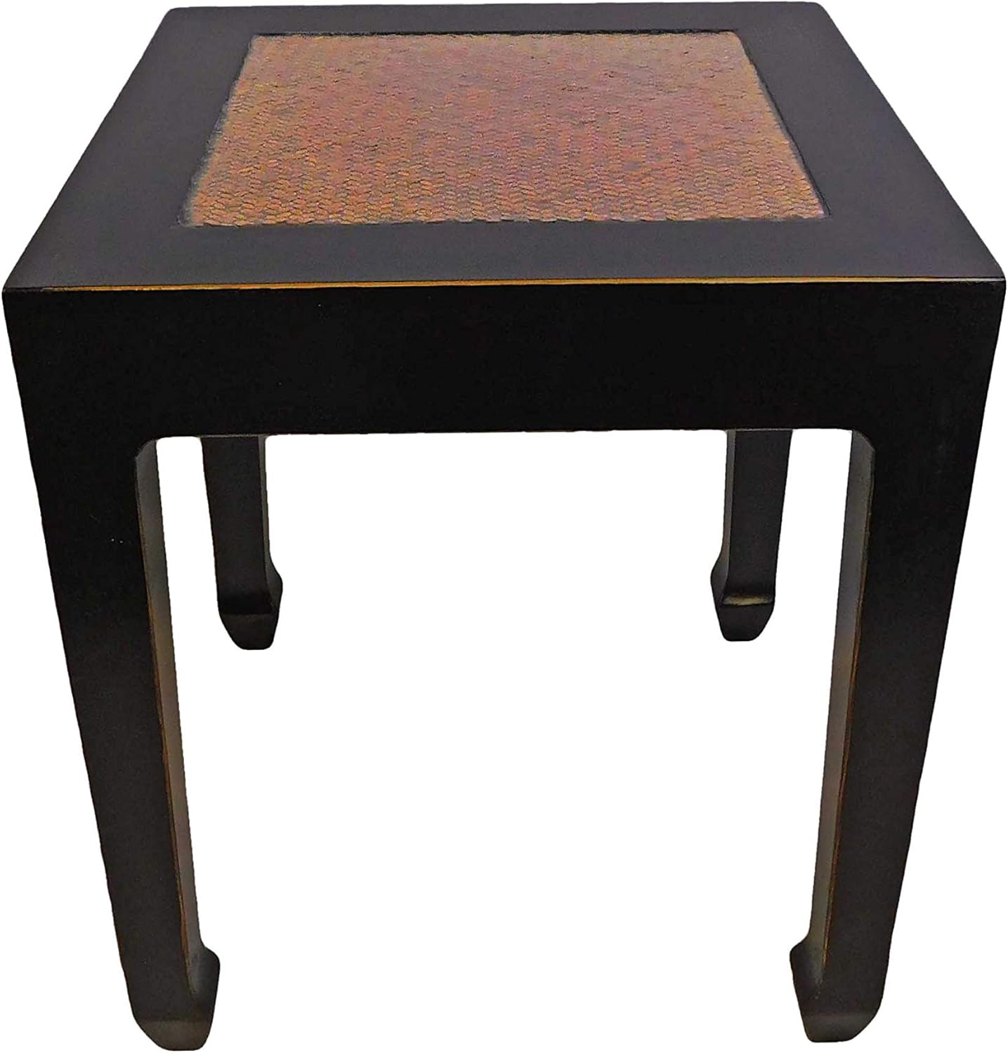 Antique Black Lacquered Oriental End Table Rattan Top
