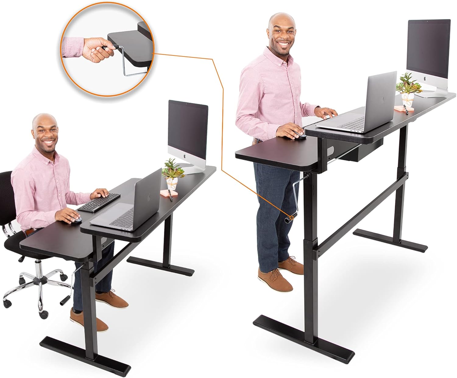 Stand Steady Tranzendesk | 55in Dual Level Standing Desk with Under Desk Drawer | Crank Height Adjustable Sit Stand Workstation | Stand Up Desk with Built-in Shelf for Home & Office (Black/55x27in)