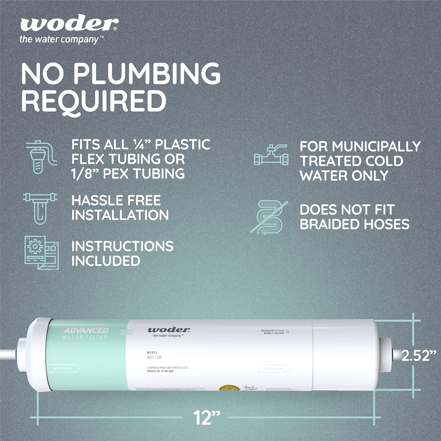 Woder WD-10K-ADV-JG Ultra High Capacity Inline Water Filter with ¼” John Guest Fittings - WQA Certified 10,000gal – Removes Chlorine, Lead, Chromium 6, Heavy Metals, Odors/Contaminants – USA Made Pack of 2