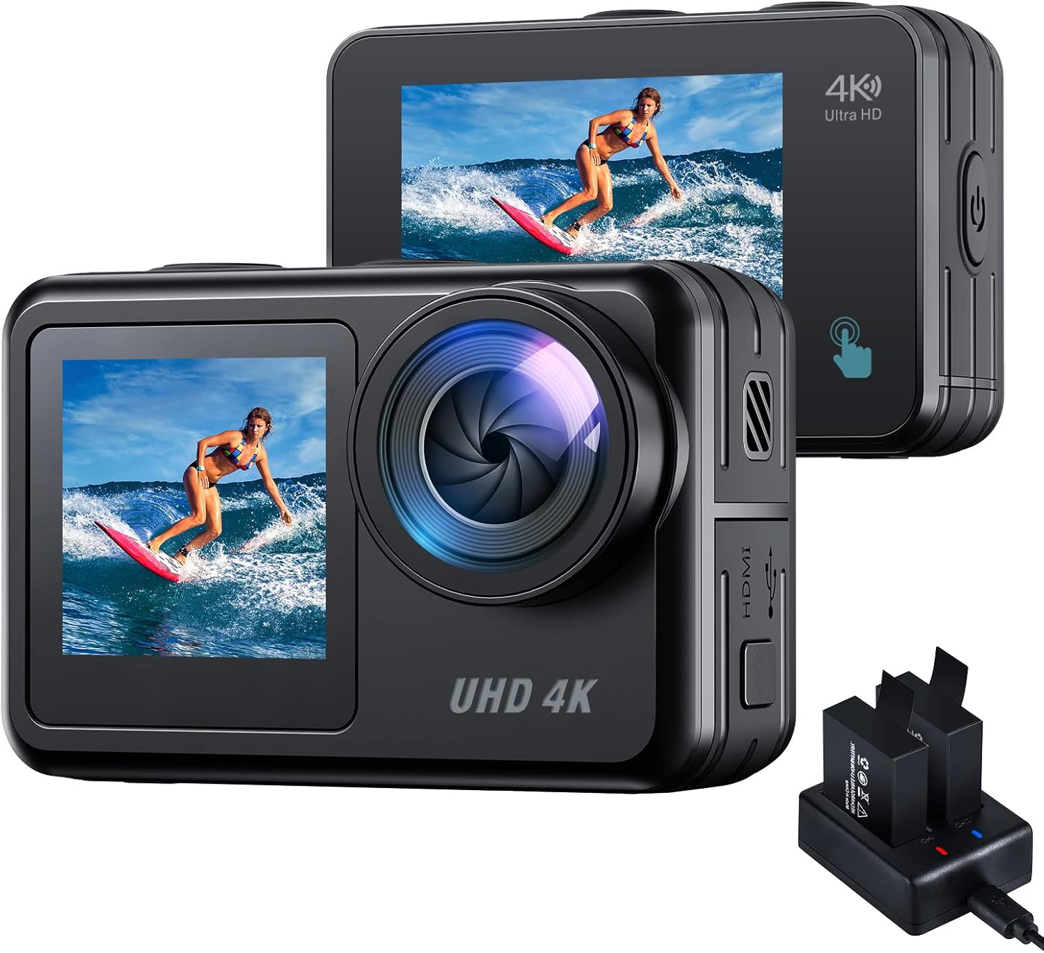 Action Camera 4K 20MP Dual Screen Sports Camera, 40M Waterproof Underwater Camera, WiFi Vlog Camera, PC Webcam with EIS Remote Control, Charger and 2X 1350 Batteries
