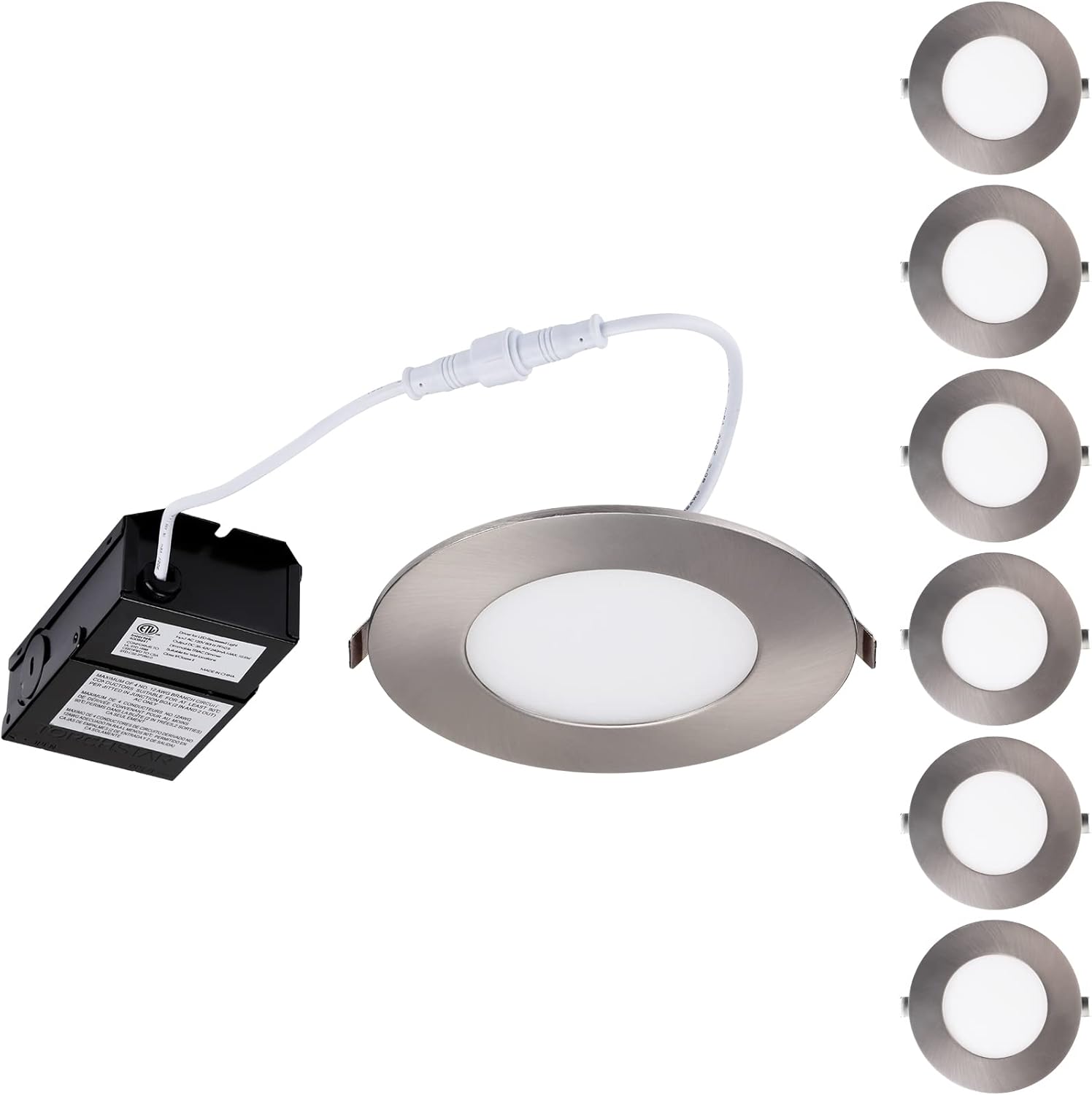 TORCHSTAR E-Lite Series 4 Inch Ultra Thin LED Recessed Lights with J-Box, Slim Panel Downlight, 10.5W CRI90+, 10%-100% Dimmable, Satin Nickel, 3000K Warm White, ETL & Energy Star Listed, Pack of 6