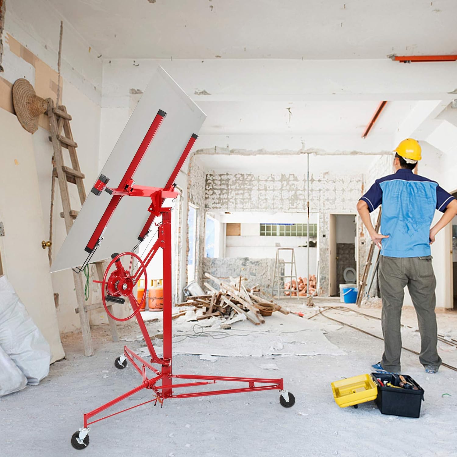 VINGLI 11 FT Drywall Lift Portable Sheetrock Lift Rolling Panel Hoist Jack Lifter Construction Tools with Adjustable Telescopic Arm Lockable Caster Wheel,