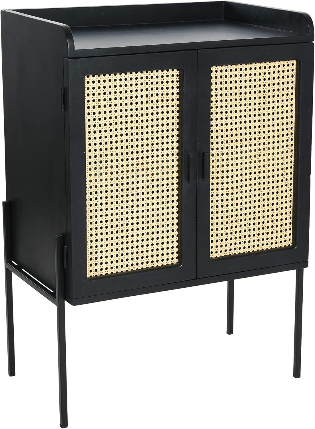 Creative Co-Op Metal & Mango Wood Natural Woven Cane Details Bar Cabinet, Black Finish