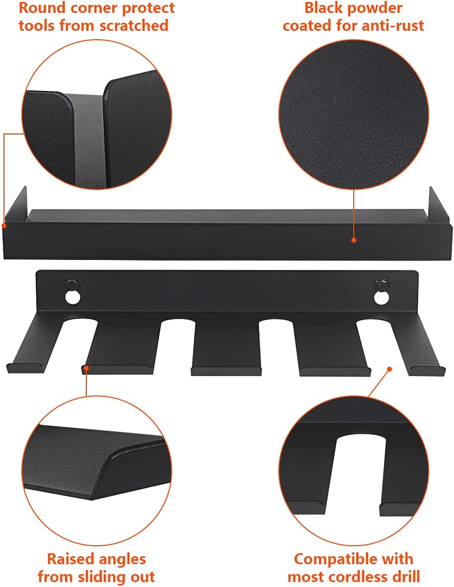 Drill Storage Rack with Storage Shelf, Butizone Wall Mount Cordless Drill Organizer, Heavy Duty Metal Power Tool Holder for Garage, Home, Workshop, Shed, Holds 4 Drills and Batteries Pack of 2