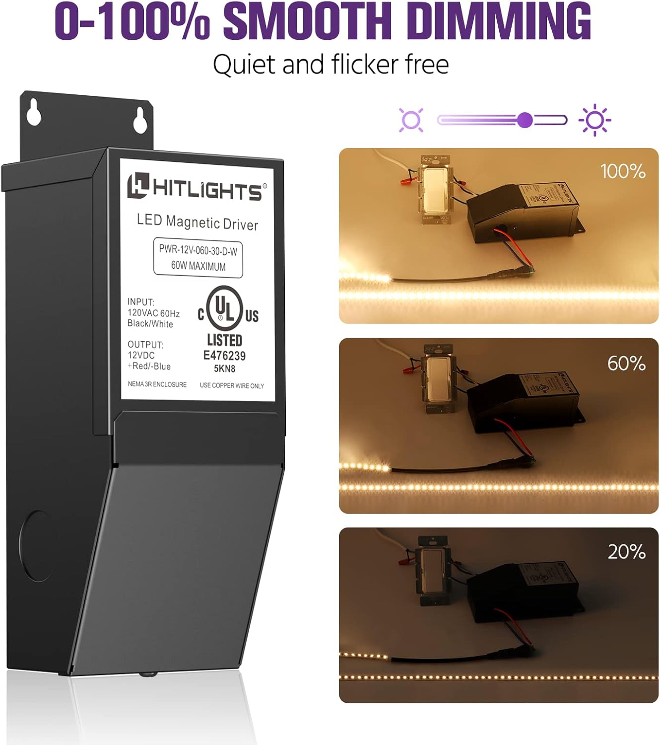 HitLights Dimmable LED Driver Transformer 60W, Magnetic Power Supply, 110V AC to 12V DC, Compatible with Lutron＆Leviton Dimmer, LED Strip Lights, Other Low Voltage Lighting Projects