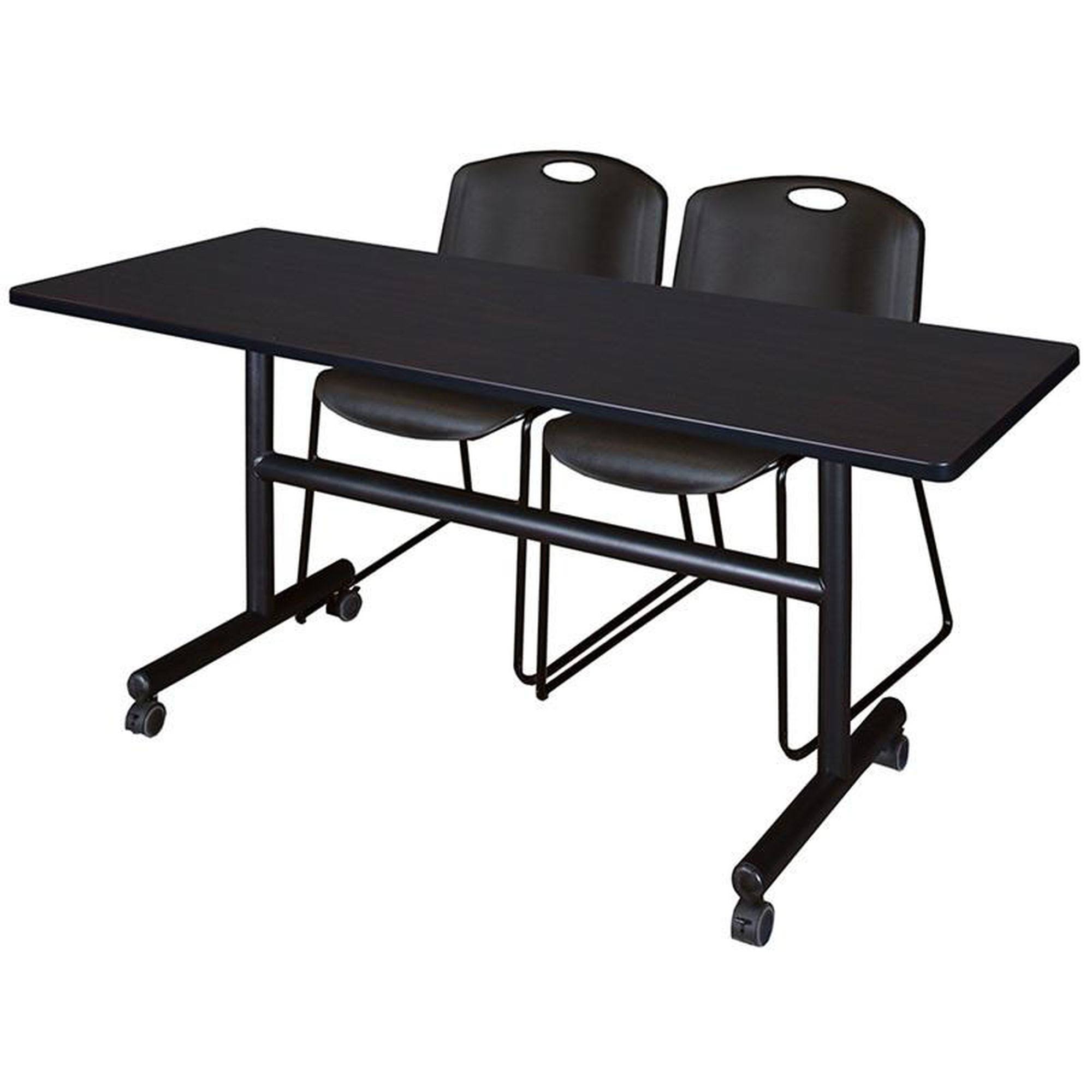 Kobe 60x22 Flip Top Mobile Training Table- Mocha Walnut u0026 2 Zeng Stack Chairs- Black