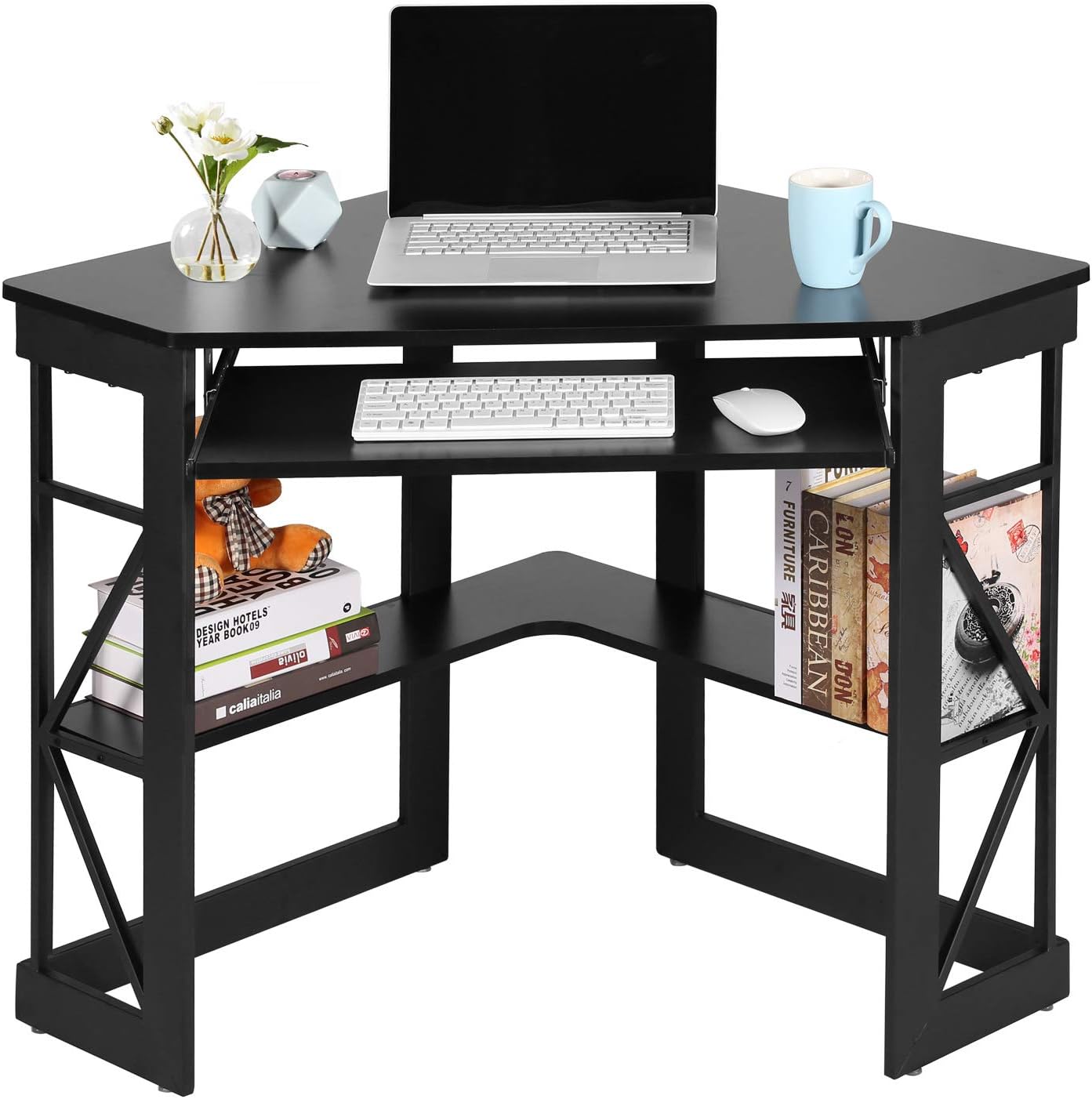 VECELO Corner Computer Desk Writing Smooth Keyboard Tray & Storage Shelves, Compact Home Office Table,Teak