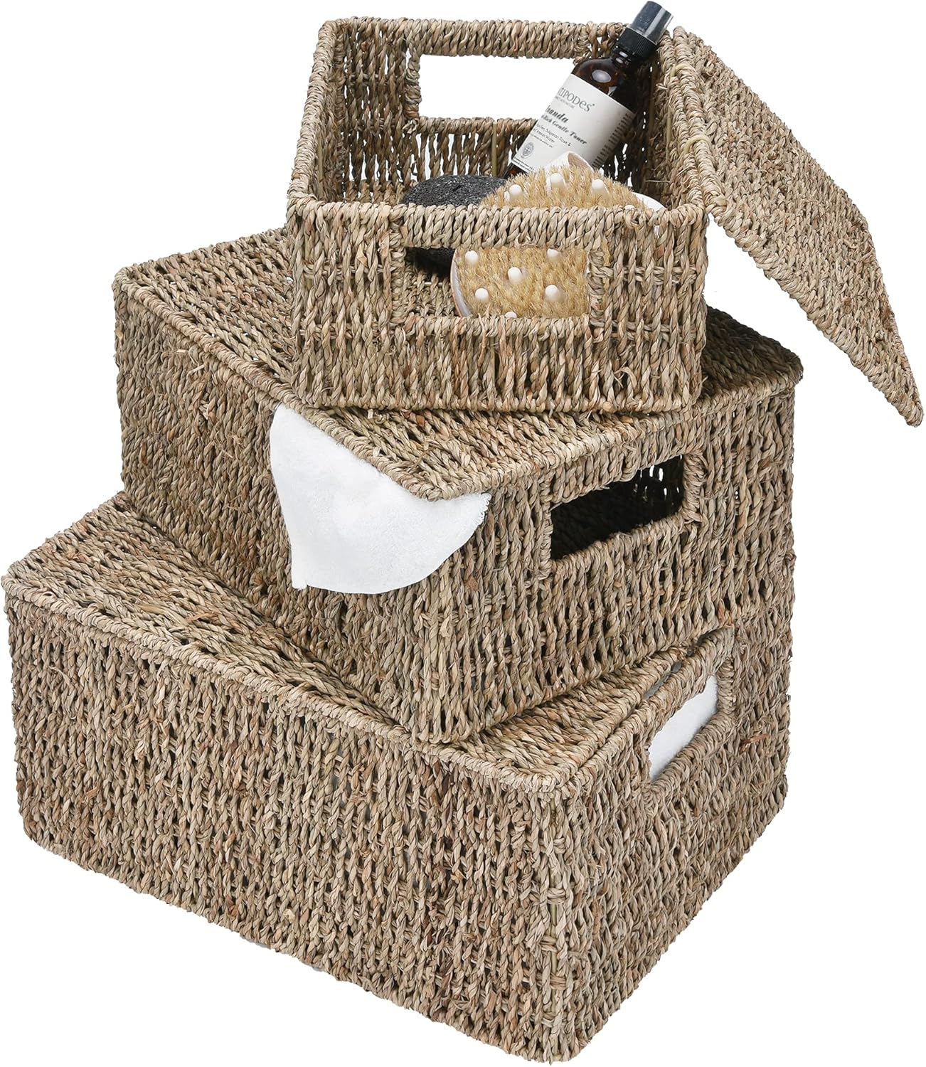 StorageWorks Hand-Woven Rectangular Wicker Baskets with Lids, Seagrass Storage Baskets with Lids and Built-in Handles, Set of 3 (Large & Medium & Small) Pack of 2