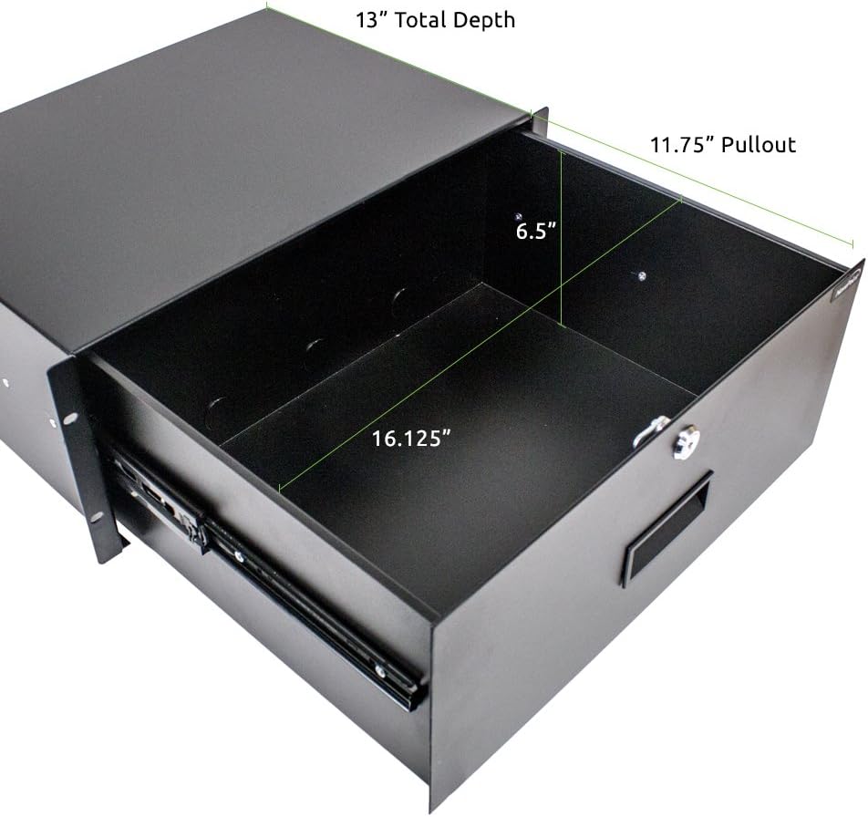 NavePoint Rack Mount Drawer for 19-Inch Server Cabinet Case Or DJ with Lock and Key 4U Black Pack of 2