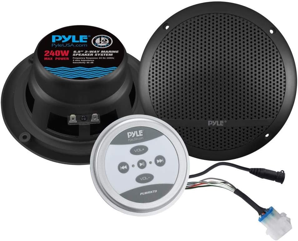 Pyle Bluetooth Marine Grade Flush Mount 2-Way Speaker System Amplified Full Range Stereo Sound Dual Cone Dome Waterproof Universal Home with Aux 3.5mm Input Pair 6.5” 240 Watts (PLMRKT9) Black Pack of 2