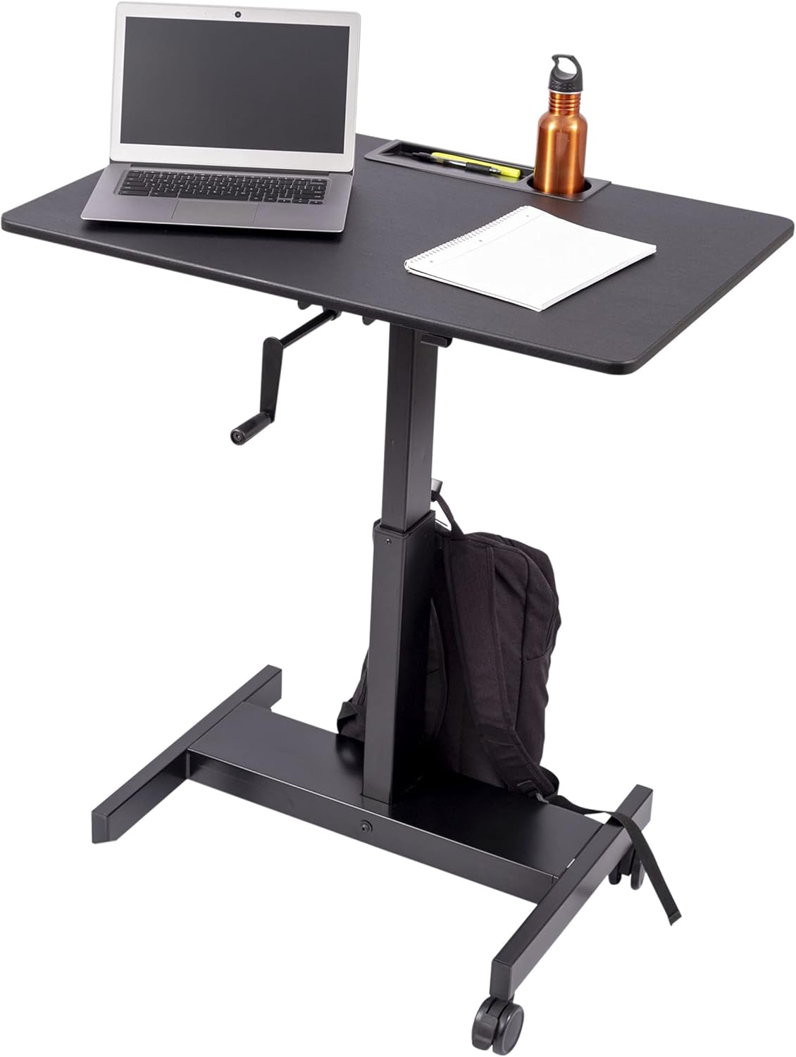 S STAND UP DESK STORE Crank Adjustable Height Single Column Rolling Mobile Standing Desk (Black Frame/Teak Top, 40 inch Wide)