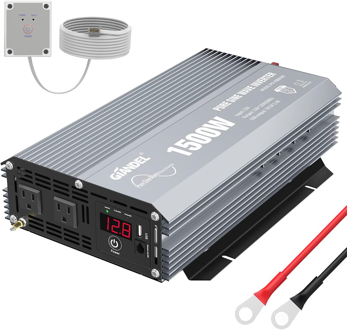 GIANDEL Power Inverter 1500W Pure Sine Wave DC 12V to AC 110V 120V with Dual AC Outlets & LED Dsiplay Remote Controller 2.4A USB Port for RVs Trucks Boats
