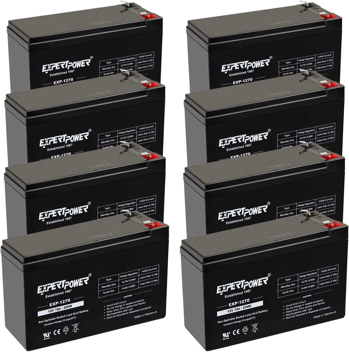 ExpertPower 12v 7ah Rechargeable Sealed Lead Acid Battery || EXP1270|| Replaces APC Back-UPS ES 500 VA, BE500C, BE500U (8 Pack)