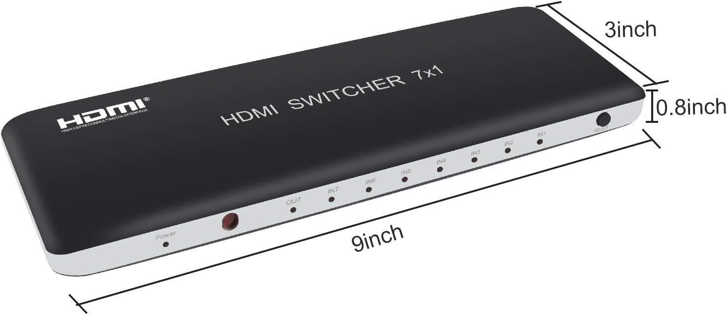 Univivi 7 Port HDMI Switch version2.0 4K@60Hz HDMI Switcher Support HDR & HDCP 2.2,Full HD/3D with IR Wireless Remote Control and Power Adapter Pack of 2