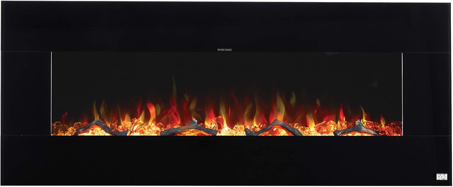 BurnBrite 88001 50-Inch Dual-use Wall Mount & Recessed Electric Fireplace with Crystals and Driftwood, Black