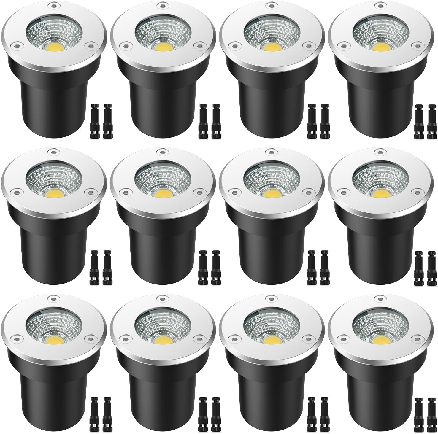 LEDVIE LED Landscape Lights, 12 Pack 7W LED Ground Lights with 24 Connectors Low Voltage In Ground Well Lights Pathway Lights Warm White, Waterproof Landscape Lighting for Driveway, Deck, Step, Garden