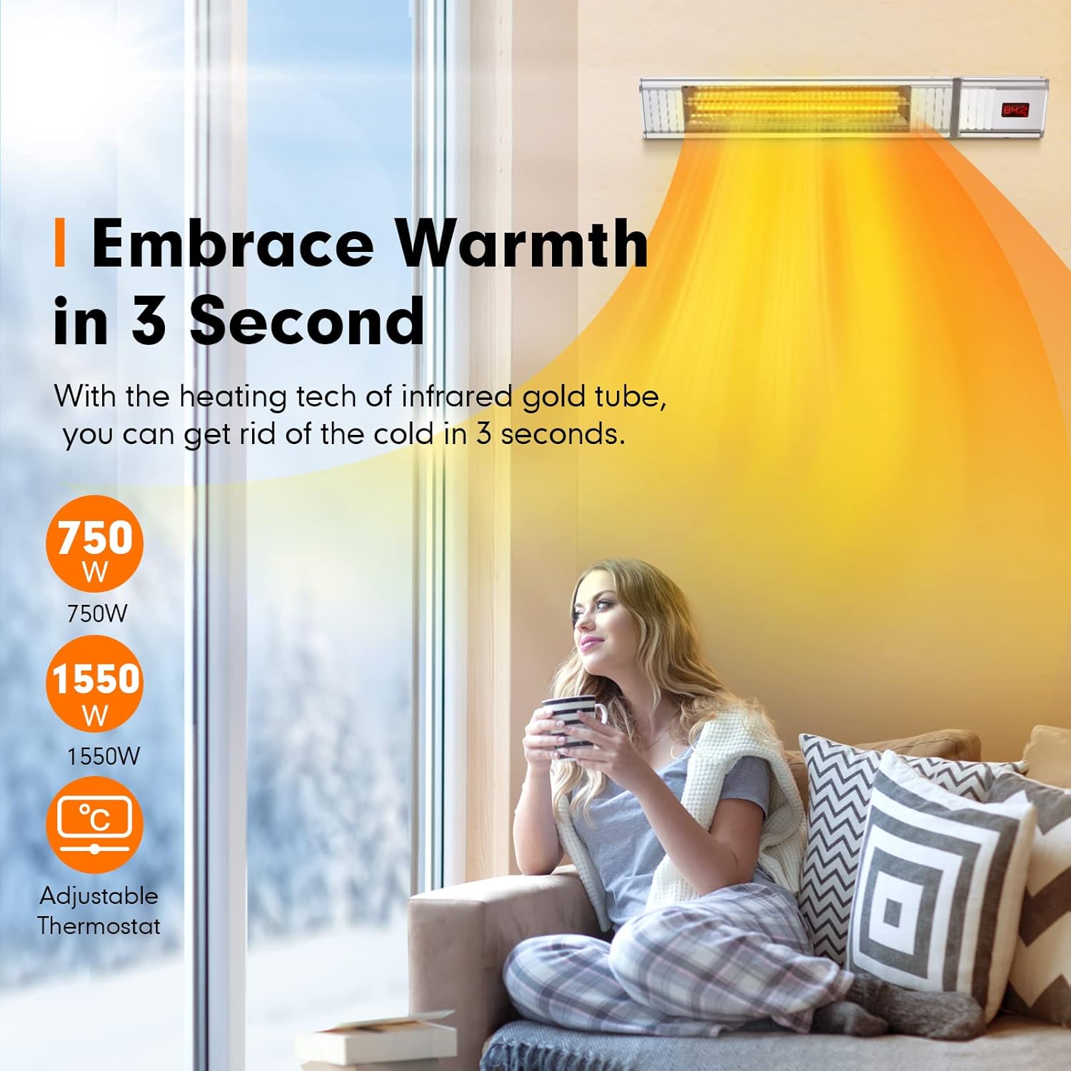 Patio Heater-Air Choice Electric Infrared Heater 1500W Wall Mounted Indoor Outdoor, Quiet Instant Heating with LCD Display Remote Control Full Protection, Space Heater for Large Room Garage Backyard